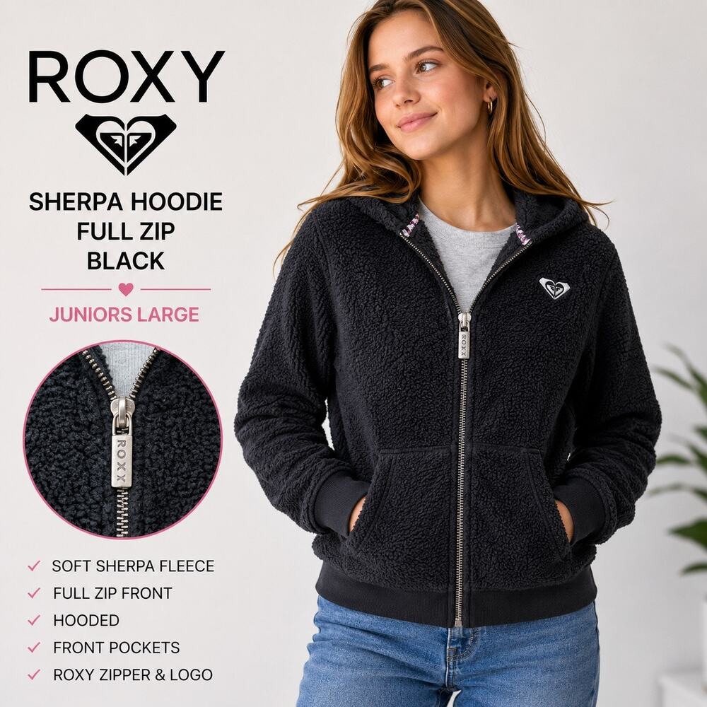 Y2K ROXY Womens Sherpa Hoodie Large Black Full Zip Fleece Hooded Sweatshirt